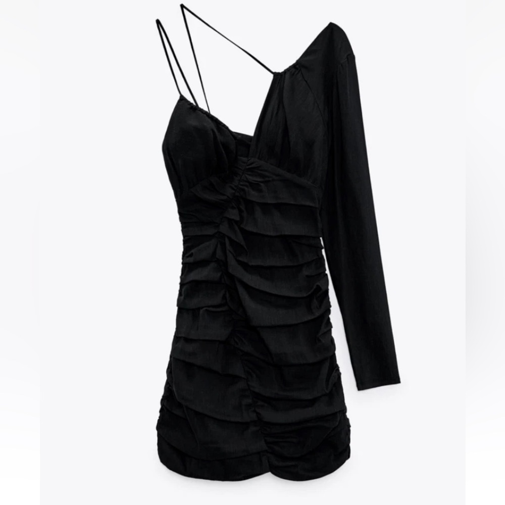 Zara Linen Blend Black One-Shoulder Ruched Mini Dress